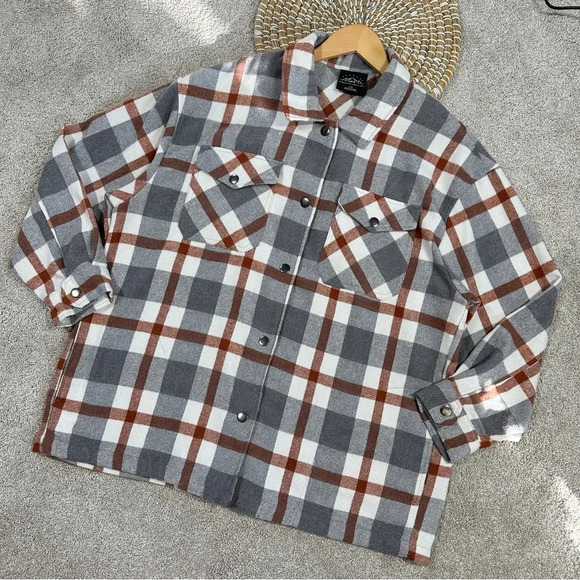 HFX Wool Blend Flannel Plaid Shacket Jacket Western Relaxed Fit Gray/Brown L - Picture 3 of 16